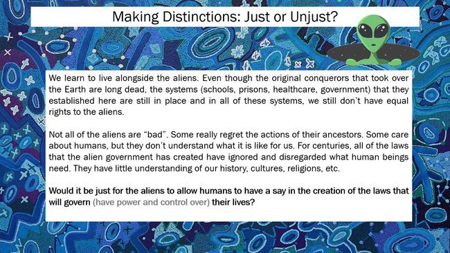 The English teacher instructed students to imagine a scenario where aliens invaded Earth and made humans their slaves, as an allegory for colonisation.