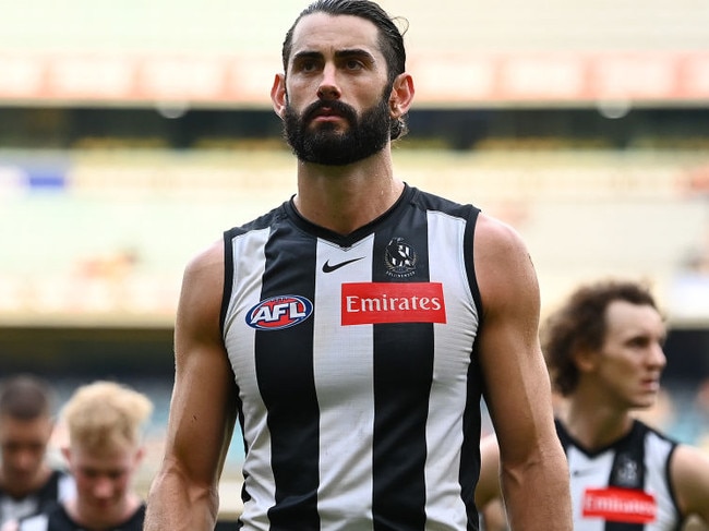 MELBOURNE, AUSTRALIA - MAY 01: Brodie Grundy of the Magpies looks dejected after losing the round seven AFL match between the Collingwood Magpies and the Gold Coast Suns at Melbourne Cricket Ground on May 01, 2021 in Melbourne, Australia. (Photo by Quinn Rooney/Getty Images)