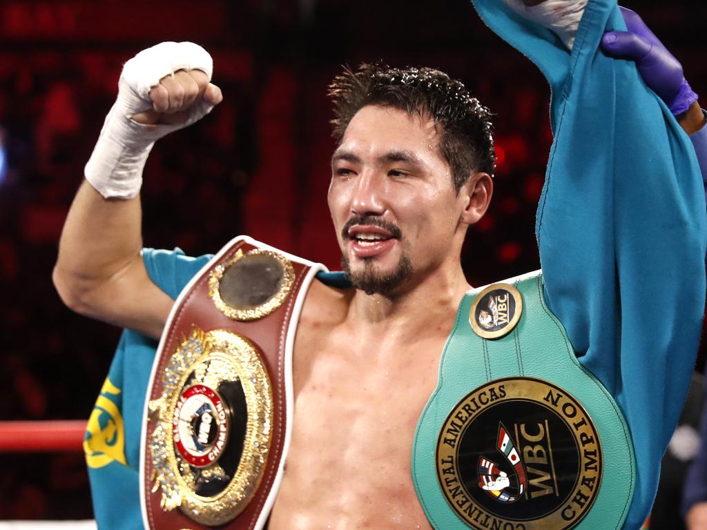 LAS VEGAS, NEVADA - NOVEMBER 20: Janibek Alimkhanuly is declared the winner by referee Kenny Bayless after defeating Hassan N'Dam N'Jikam in a middleweight bout at Michelob ULTRA Arena on November 20, 2021 in Las Vegas, Nevada. Alimkhanuly won the fight with an eighth-round TKO. (Photo by Steve Marcus/Getty Images)