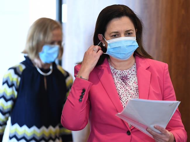 BRISBANE, AUSTRALIA - NewsWire Photos - JULY 1, 2021.Queensland Premier Annastacia Palaszczuk (front) and Chief Health Officer Jeannette Young arrive for a media conference to provide a Covid update.Picture: NCA NewsWire / Dan Peled