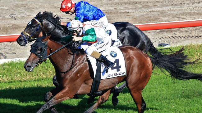 Jon Snow ridden by Damian Lane wins the BMW Australian Derby at Royal Randwick. Pic Jenny Evans