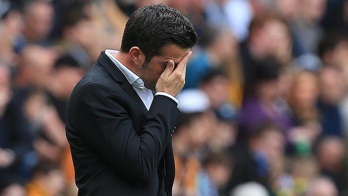 Hull City's Portuguese head coach Marco Silva reacts during the English Premier League football match between Hull City and Tottenham Hotspur at the KCOM Stadium in Kingston upon Hull, north east England on May 21, 2017. / AFP PHOTO / Lindsey PARNABY / RESTRICTED TO EDITORIAL USE. No use with unauthorized audio, video, data, fixture lists, club/league logos or 'live' services. Online in-match use limited to 75 images, no video emulation. No use in betting, games or single club/league/player publications.  /
