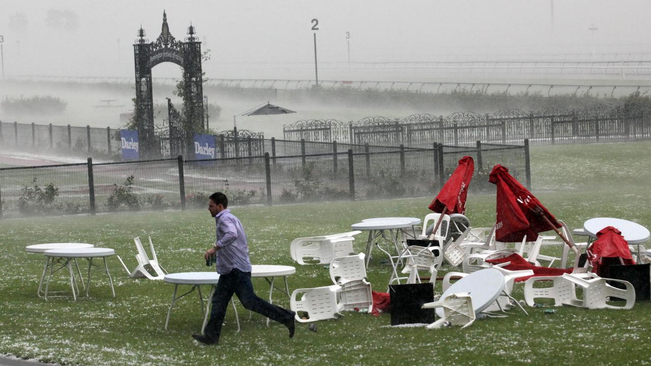 A dangerous storm ripped through Flemington on Super Saturday on March 6, 2010. Picture: AAP