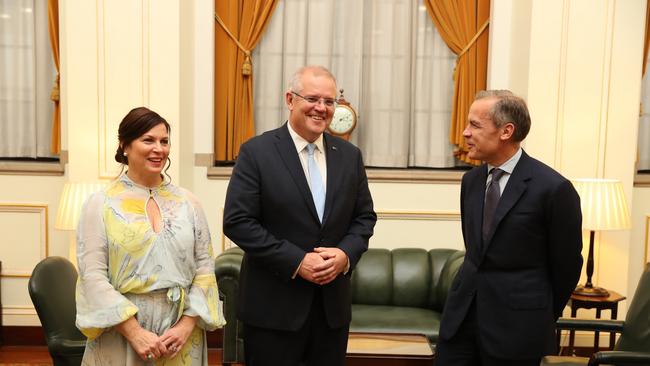 The prime minister Scott Morrison and wife Jenny have a meeting with Mark Carney, then governor of the Bank of England, in London in 2019. Picture: Adam Taylor