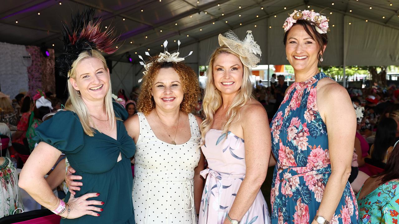 Alaina Woolcock, Judith Brown, Aileen Jones and Jacqui Lee Long at the Cairns Amateurs High Tea, held under the waterfront marque on the Cairns Esplanade Eastern Events lawn. Picture: Brendan Radke