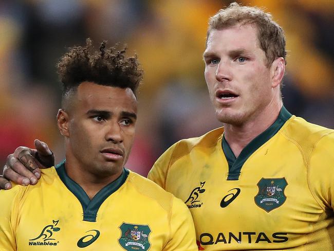 A dejected Will Genia and David Pocock after Australia's loss in the Australian Wallabies v New Zealand All Blacks Bledisloe Cup match at ANZ Stadium, Homebush. Picture: Brett Costello