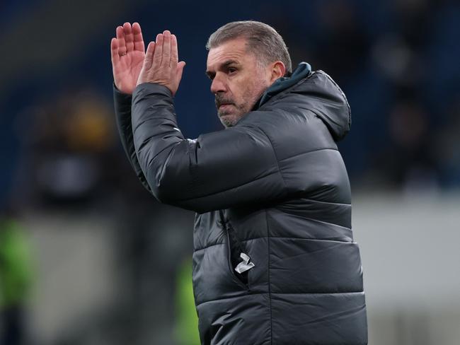 SINSHEIM, GERMANY - JANUARY 23: Ange Postecoglou, Manager of Tottenham Hotspur, applauds the fans at the end of the UEFA Europa League 2024/25 League Phase MD7 match between TSG 1899 Hoffenheim and Tottenham Hotspur at Rhein-Neckar-Arena on January 23, 2025 in Sinsheim, Germany. (Photo by Alex Grimm/Getty Images)