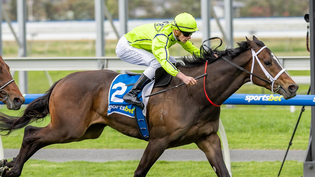 Lachlan Neindorf steers Athanatos to victory at Morphettville on Saturday. Picture: Makoto Kaneko