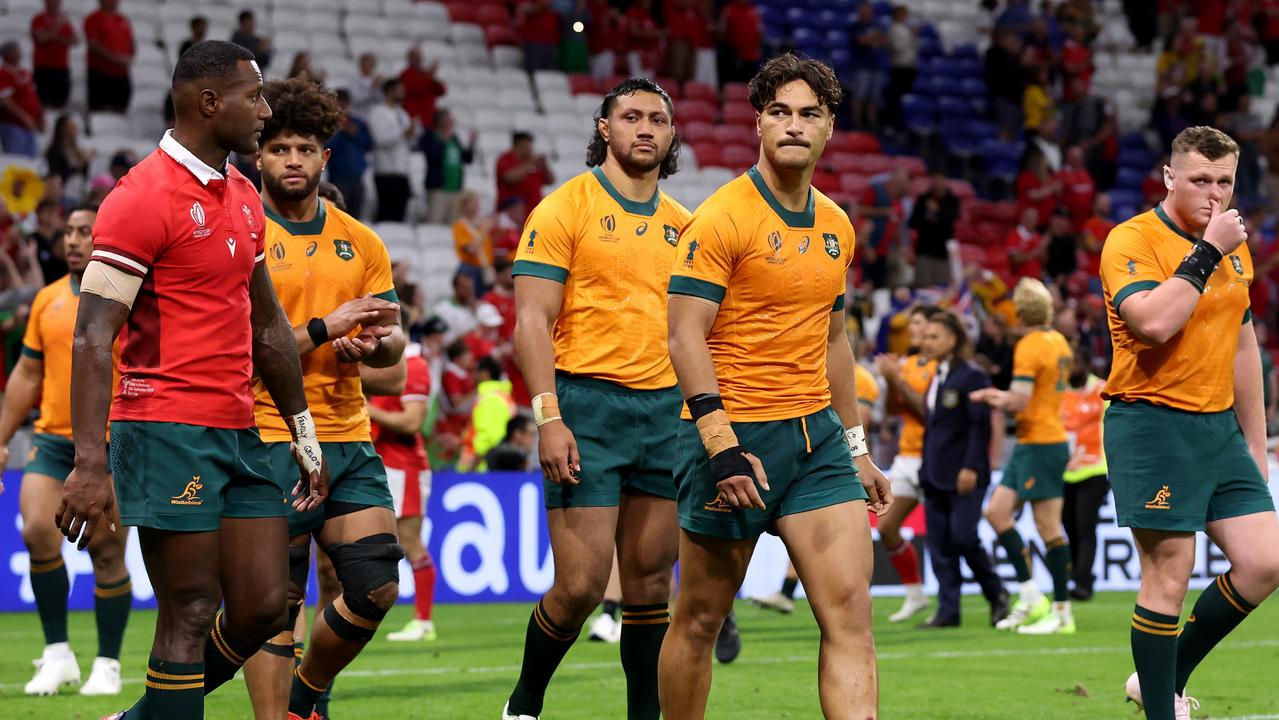 Wallabies players are dejected after the loss to Wales. Picture: Alex Livesey/Getty Images