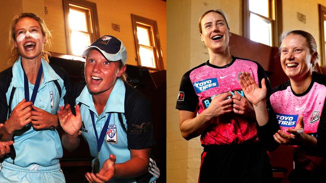 **FOR SUNDAY PAPER** - Legendary Australian cricketers Ellyse Perry and Alyssa Healy of the Sydney Sixers re-enacting ( a Phil Hillyard picture ) of their NSW Breakers victory song from January 25th, 2009 back in the Sydney Cricket Ground dressing rooms ahead of their WBBL match to be played at the SCG on the 26th of November. Photo by Phil Hillyard(Image Supplied for Editorial Use only - **NO ON SALES** - Â©Phil Hillyard )