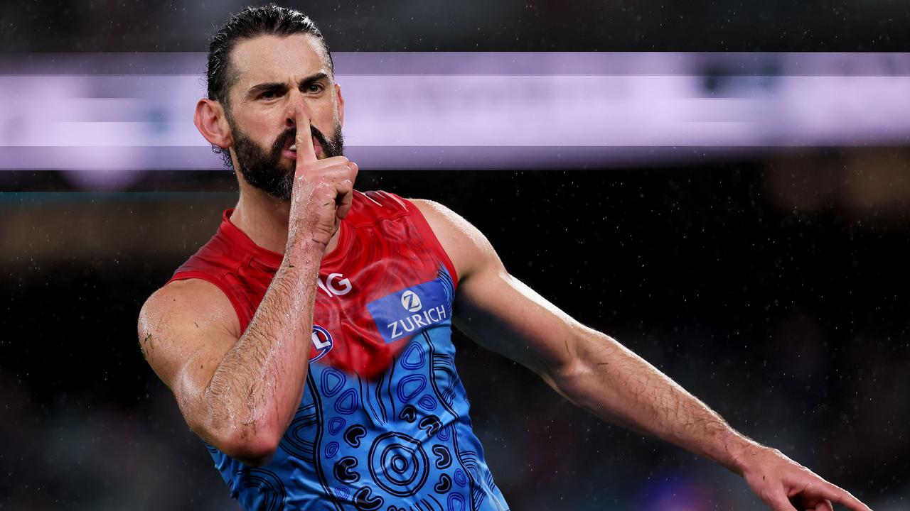 ADELAIDE, AUSTRALIA - MAY 19: Brodie Grundy of the Demons celebrates a goal during the 2023 AFL Round 10 match between Yartapuulti/Port Adelaide Power and Narrm/Melbourne Demons at Adelaide Oval on May 19, 2023 in Adelaide, Australia. (Photo by James Elsby/AFL Photos via Getty Images)
