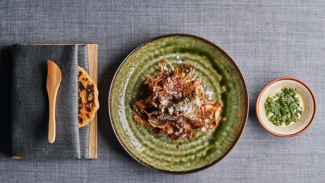 Winston’s aged Maleny beef tartare and leaves from the garden. Picture: Darcy Starr