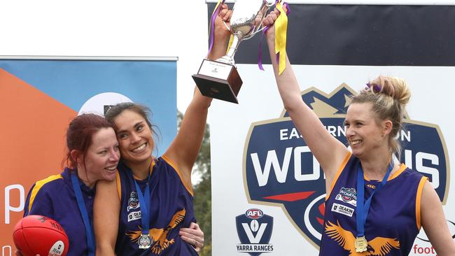 Eagles celebrate (from left) Meredith Denvir, Marissa Lee and Penelope Knight.  Picture: Hamish Blair