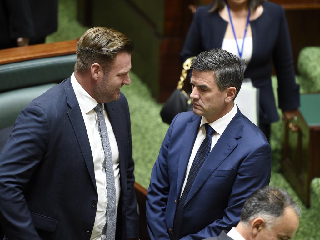Victorian Opposition Leader Brad Battin speaks to deputy leader Sam Groth. Picture: Andrew Henshaw