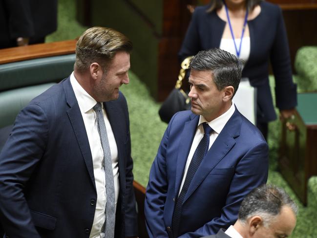 Victorian Opposition Leader Brad Battin speaks to deputy leader Sam Groth. Picture: Andrew Henshaw