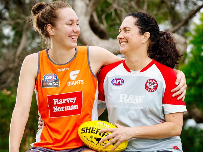 Giants womens player Erin McKinnon has started a footy team with her mum Michelle McKinnon. Pictured at Middle Head Oval in Mosman. Picture: Jonathan Ng