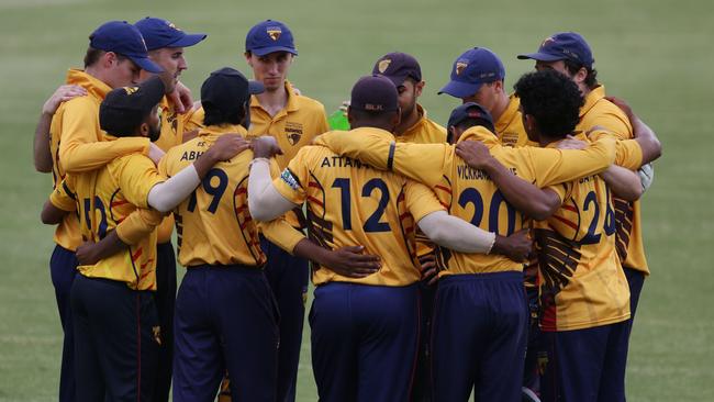 Premier: Kingston Hawthorn players gather before the game. Picture: Stuart Milligan