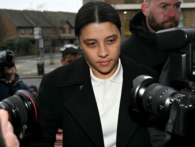 Chelsea's Australian striker Sam Kerr arrives at Kingston Crown Court in south London on February 11, 2025. Prosecutors in the trial of Kerr, who called a police officer "stupid and white", have asked the jury if perceptions would be different had she said "stupid and black". The Australia captain is on trial charged with causing racially aggravated harassment, which she denies, to police constable Stephen Lovell during an incident in southwest London in the early hours of January 30, 2023. (Photo by JUSTIN TALLIS / AFP)