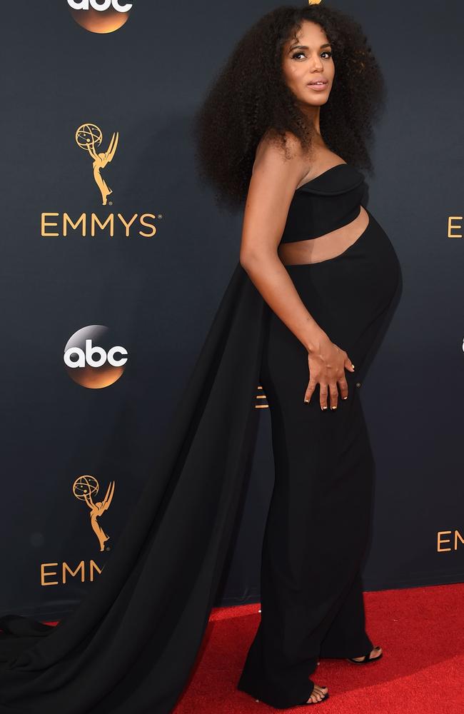 Kerry Washington flaunts her bay bump on the red carpet at the 68th Emmy Awards in September. Picture: AFP/Robyn Beck