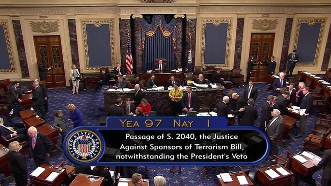 The Senate acted decisively to override President Barack Obama's veto of September 11 legislation. Picture: C-SPAN2 via AP