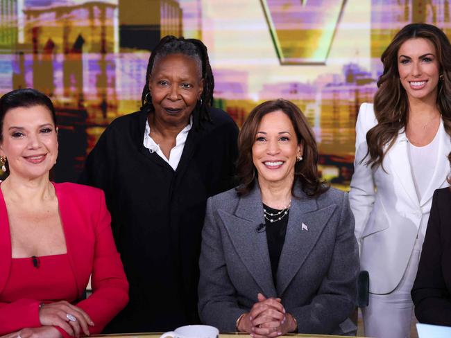 US Vice President and Democratic presidential nominee Kamala Harris is pictured in studio at ABC during a break during the recording of the show 