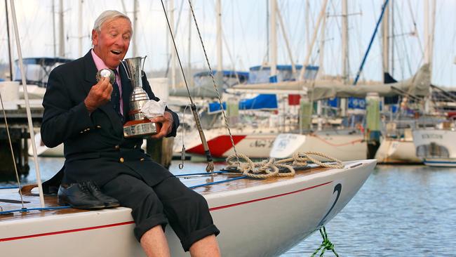 Ingate with the Prince Philip Cup for dragon-class yachts on the River Derwent after success in 2008 with his yacht Whim at age 81.