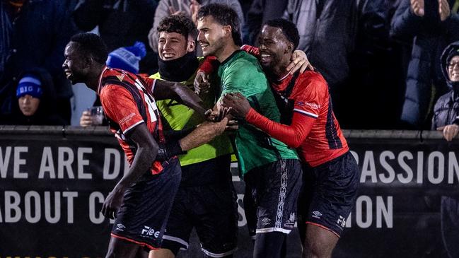 Alex Rossi celebrates his last-second penalty save. Picture: MP Images