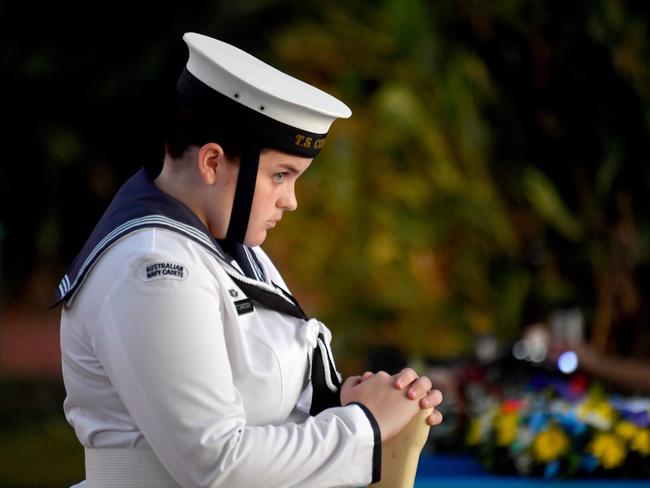 Dawn Service at Anzac Park for 83rd commemoration of Battle of Coral Sea. Part of the catafalque party, Petty Officer Jemma Black, from TS Coral Sea. Picture: Evan Morgan