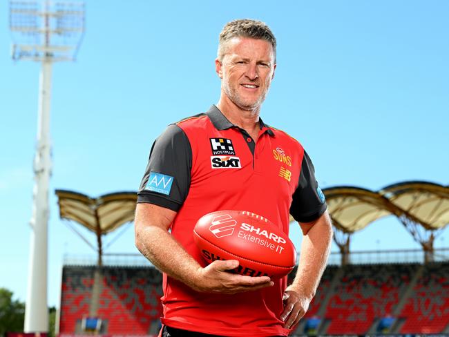 GOLD COAST, AUSTRALIA - AUGUST 21: Damien Hardwick poses for a photo after a Gold Coast Suns AFL press conference announcing the signing of their new coach at Heritage Stadium on August 21, 2023 in Gold Coast, Australia. (Photo by Bradley Kanaris/Getty Images)