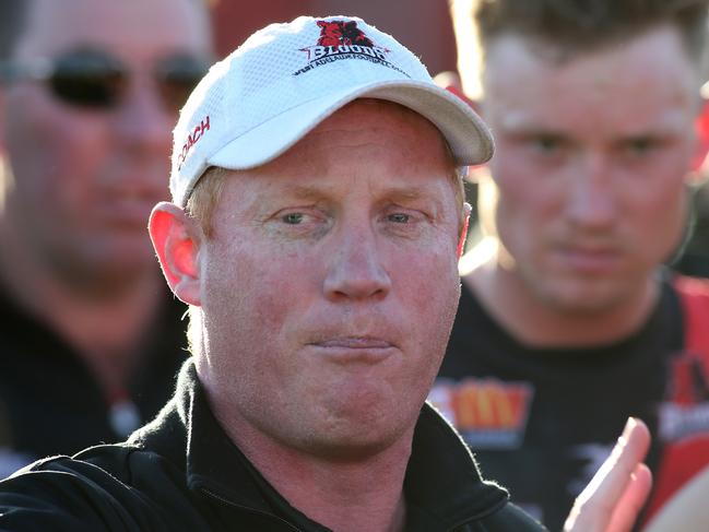 SANFL, West Adelaide v Central District at Richmond Oval. West Coach Gavin Colville, gives his players a bake at three quarter time. Pic. Dean Martin