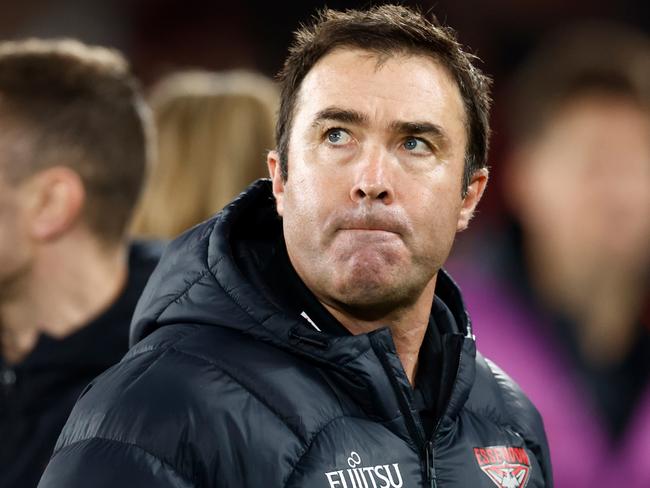 MELBOURNE, AUSTRALIA - JULY 27: Brad Scott, Senior Coach of the Bombers looks on during the 2024 AFL Round 20 match between the St Kilda Saints and the Essendon Bombers at Marvel Stadium on July 27, 2024 in Melbourne, Australia. (Photo by Michael Willson/AFL Photos via Getty Images)