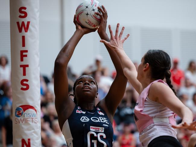 Grace Nweke puts up a shot for the Swifts in their pre-season clash against the Silver Ferns at Netball Central, Sydney Olympic Park.  Photo: Narelle Spangher, Netball NSW