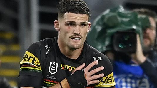 Penrith Panthers halfback Nathan Cleary clutches at his shoulder in the finals against Cronulla Sharks. Picture: NRL Images.