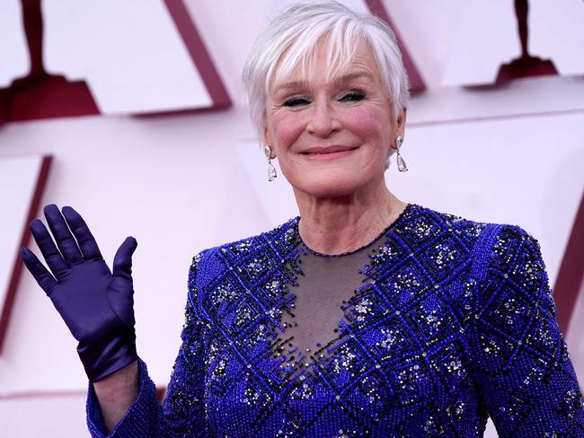 A pandemic-inspired Armani outfit from Glenn Close, who is nominated for Hillbilly Elegy. Picture: AFP