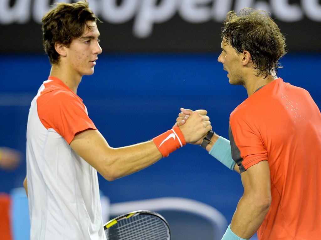 A “super young, super skinny” Thanasi Kokkinakis was “dusted by Rafa” in the second round of his debut Australian Open in 2014. Picture: Joe Castro/AAP Image