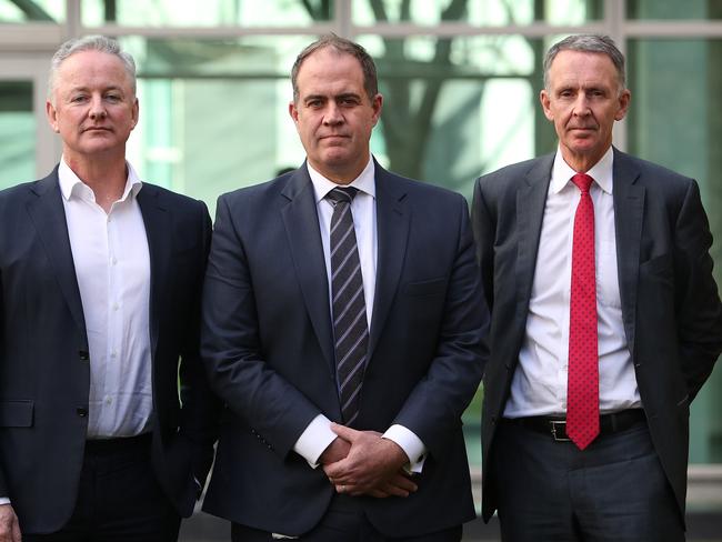 Nine CEO Hugh Marks, ABC Managing Director David Anderson and Campbell Reid, Group Executive — Corporate Affairs, Policy and Government Relations for News Corp Australia, FOX SPORTS &amp; Foxtel after meeting with Attorney-General Christian Porter about their calls for reform in the media industry. Picture: Kym Smith