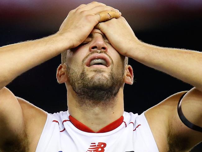 MELBOURNE, AUSTRALIA - JUNE 14: Jimmy Toumpas of the Demons shows his emotions after the 2015 AFL round eleven match between the St Kilda Saints and the Melbourne Demons at Etihad Stadium, Melbourne on June 14, 2015. (Photo by Michael Willson/AFL Media/Getty Images)