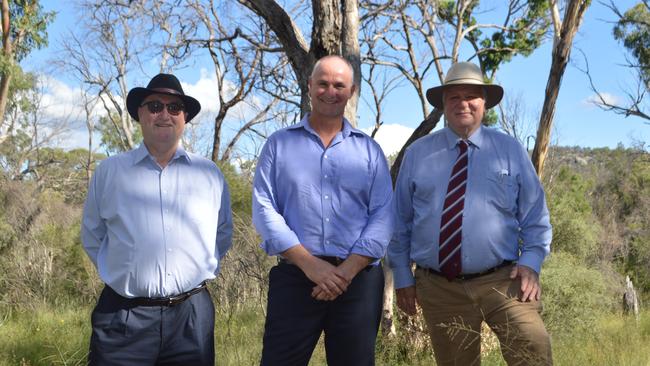 Granite Belt Irrigation Project chairman Dan Hunt, with State Water Minister Glenn Butcher and Southern Downs Mayor Vic Pennisi at the Emu Swamp Dam site. Photo: Tessa Flemming