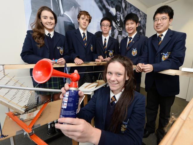 Year 10 students Elyse, Nathan, Fei, Aaron, Matthew with Tiarne from The Knox School science club are building a rube goldberg machine to take part in Melbourne University's Great Spaghetti Machine Competition.