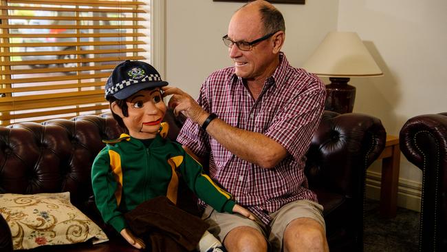 Retired police officer Peter Marr with Alister the puppet in 2019. Picture: AAP / Morgan Sette