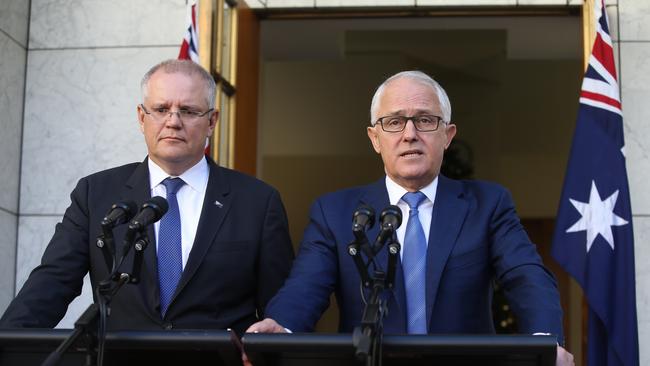 Treasurer Scott Morrison and PM Malcolm Turnbull at Parliament House in Canberra. Picture Kym Smith