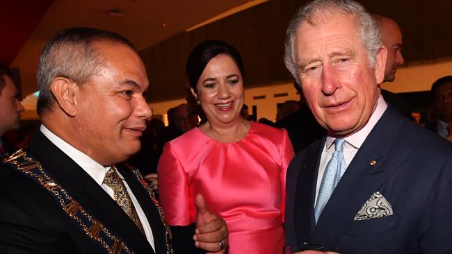 Gold Coast Mayor Tom Tate meets Prince Charles as Premier Annastacia Palaszczuk looks on at the Commonwealth Games. Mr Ciobo has accused Cr Tate of being “at war with everyone”. (Photo by Darren England — Pool/Getty Images)