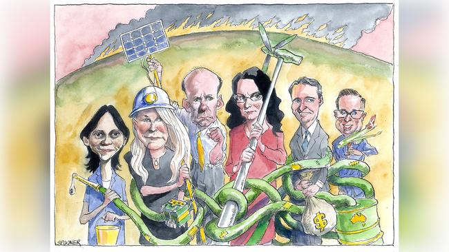 Class of 2019: Macquarie’s Shemara Wikramanayake, Fortescue’s Elizabeth Gaines, ANZ’s Shayne Elliott, EnergyAustralia’s Catherine Tanna, CBA’s Matt Comyn and Qantas’s Alan Joyce. Illustration: John Spooner