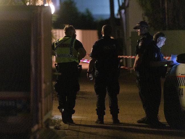 Police cordon off a block of units where a person was shot by a gunman in the suburb of The Gardens in Darwin. Picture: AAP