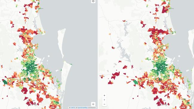 The southeast Queensland VAMPIRE Index for 2016 versus 2021. The index measures the extent of household exposure to the impacts of higher fuel prices and mortgage interest rates, with red representing higher vulnerability. Picture: Abraham Leung