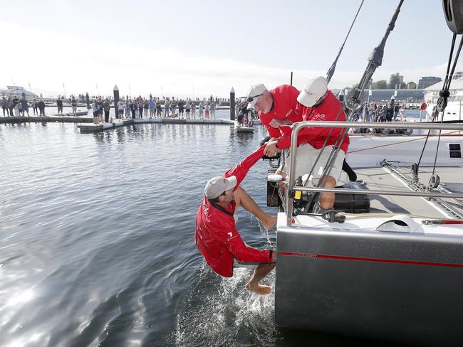 Wild Oats XI skippered by Mark Richards sails up the River Derwent on her way to a 9th line honours victory in the 2018 Sydney to Hobart Yacht Race. The yacht crossed the line in 1d 19hrs 7mins 21secs . Picture: RICHARD JUPE