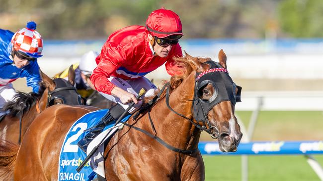 Benagil, ridden by Mark Zahra, wins the Australasian Oaks at Morphettville on Saturday. Picture: Makoto Kaneko