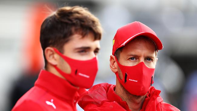 Sebastian Vettel and Charles Leclerc in 2020, Vettel’s final year at Ferrari. Picture: Mark Thompson/Getty Images