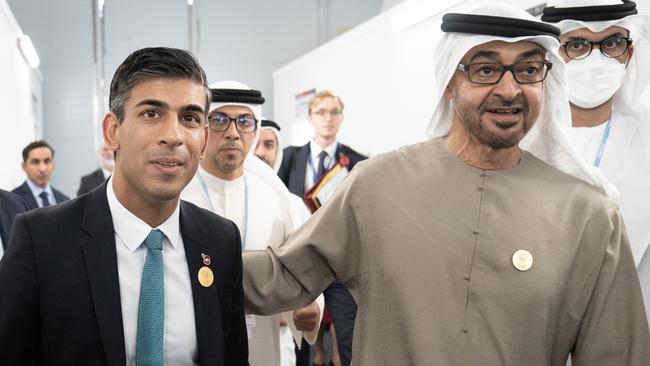 British Prime Minister Rishi Sunak, left, arrives for a meeting with Crown Prince Mohamed bin Zayed Al Nahyan of the United Arab Emirates in Sharm el-Sheikh on Monday. Picture: Getty Images