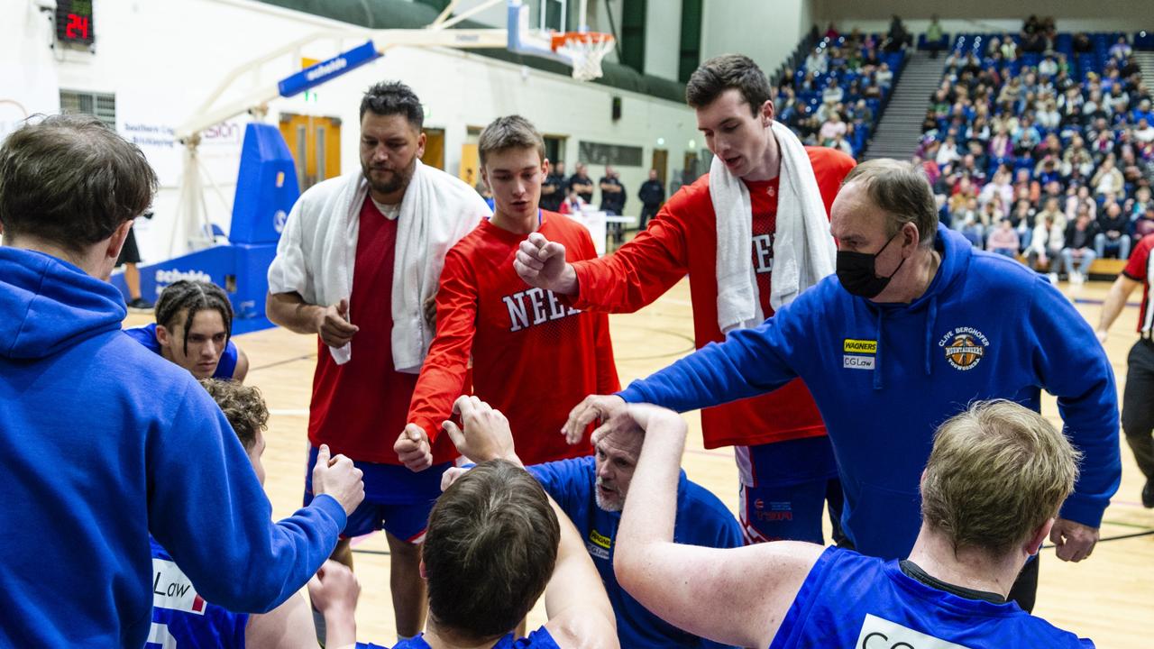 Toowoomba Mountaineers during a break against Rip City in Queensland State League Division 1 mens basketball semi-final at USQ's Clive Berghofer Recreation Center, Saturday, July 30, 2022. Picture: Kevin Farmer